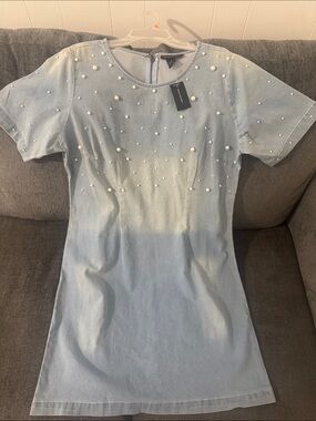 Ashley Stewart Light Blue Pearl-Embellished Denim Dress